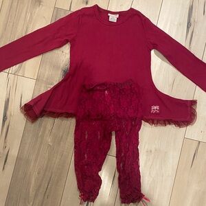 Naartjie burgundy Cotton Top with cotton and sheer organza and lace legging.